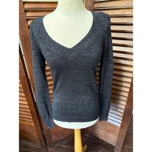 Express Black Sparkle Metallic V Neck Long Sleeve Sweater Top Women's size S/P